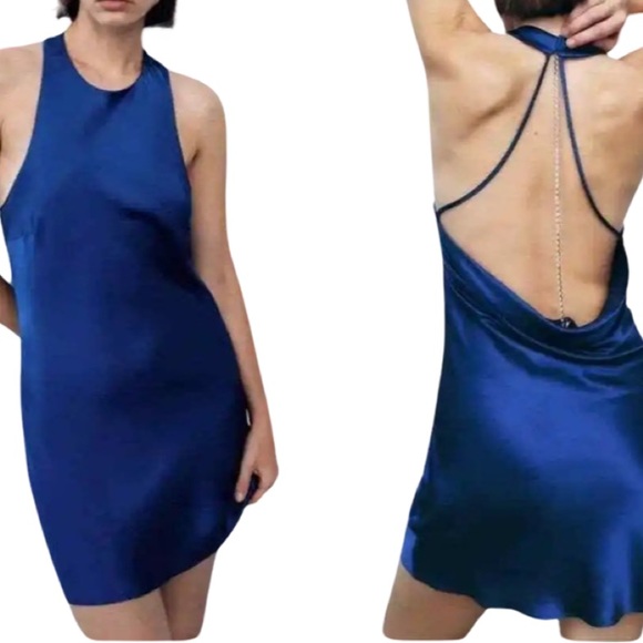 Zara Dresses & Skirts - ZARA MINI DRESS STRAPPY JEWEL CHAIN SATIN HALTER🔥👠🥰 in royal blue.